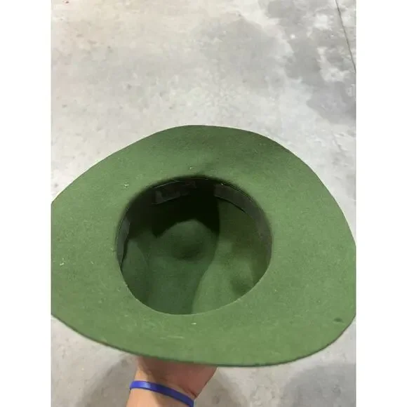 Vintage 70s Yes Saint Laurent Women Rabbit Felt Sun Fedora Hat Green 7 1/4 Italy